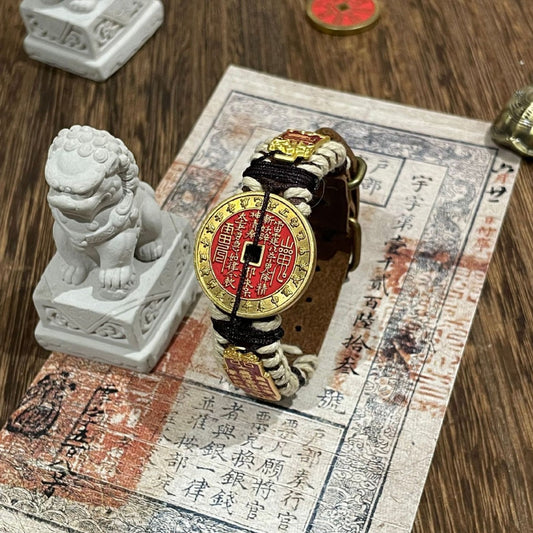 Mountain Ghost - Guardian Flame Bracelet with red coin and Taoist symbols.